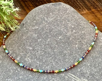 Dainty Gemstone Healing Choker Necklace.  Designed to balance the 7 Chakras, 2-3mm natural stones, Silver or Gold Plated, Crystal, Rainbow