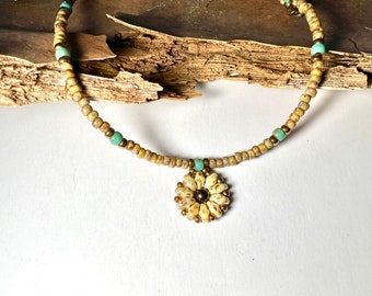 BOHO Sunflower Glass Bead Necklace - dainty choker flower necklace made with high quality glass beads.  Lightweight, strong, add layers!