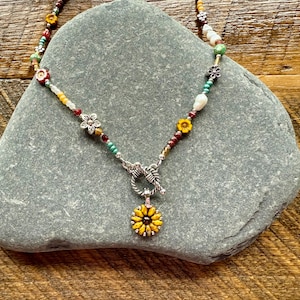 Sunflower Beaded Necklace: Mixed Czech Glass Beads and Pearls, Front Toggle Clasp Silver Plated