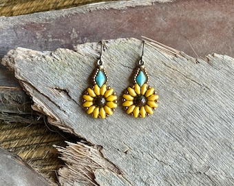 Sunflower Beaded Earrings: Czech Glass Bead Flower Dangle with Turquoise, Hypoallergenic, BOHO