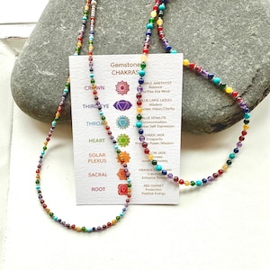 Dainty Gemstone Healing Choker Necklace.  Designed to balance the 7 Chakras, 2 or 3mm natural stone, Silver or Gold Plated, Crystal, Rainbow