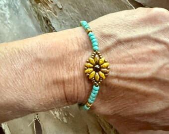Sunflower Beaded Bracelet: Turquoise Glass Seed Beads, Boho Western Flower Jewelry