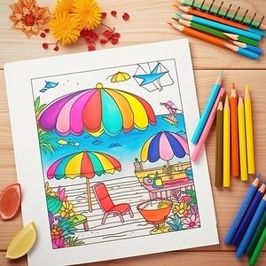 Beach Vacation Coloring Book - Coloring Book Gift For Adults, Teens, Women, Kids - Digital Download Summer Beach Landscape Nature