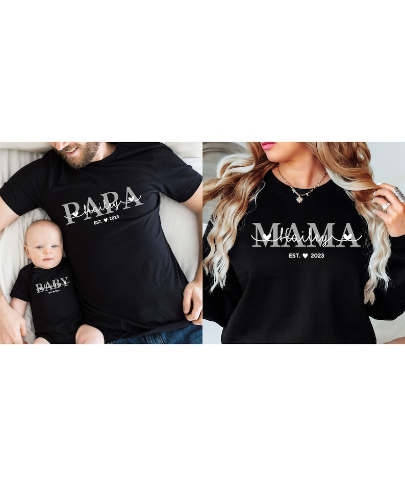 Personalized family outfit with name and year of birth, partner look mom daughter outfit set baby body printed father son outfit image 2