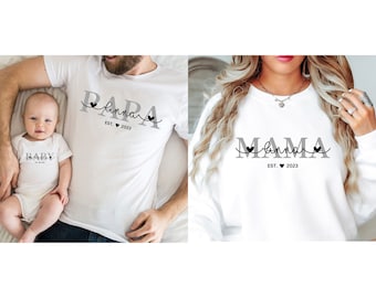 Personalisiertes Familienoutfit mit Namen und Geburtsjahr, Partnerlook Mama Tochter Outfit Set Babybody bedruckt Vater Sohn Outfit