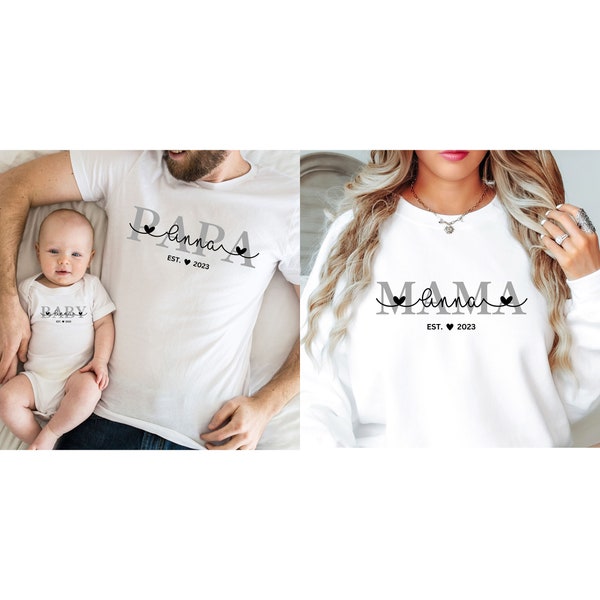 Personalisiertes Familienoutfit mit Namen und Geburtsjahr, Partnerlook Mama Tochter Outfit Set Babybody bedruckt Vater Sohn Outfit