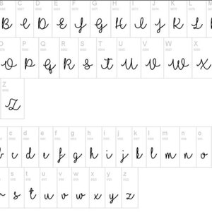 May include: A handwritten alphabet font in black ink on a white background. The letters are in uppercase and lowercase, with a cursive style.