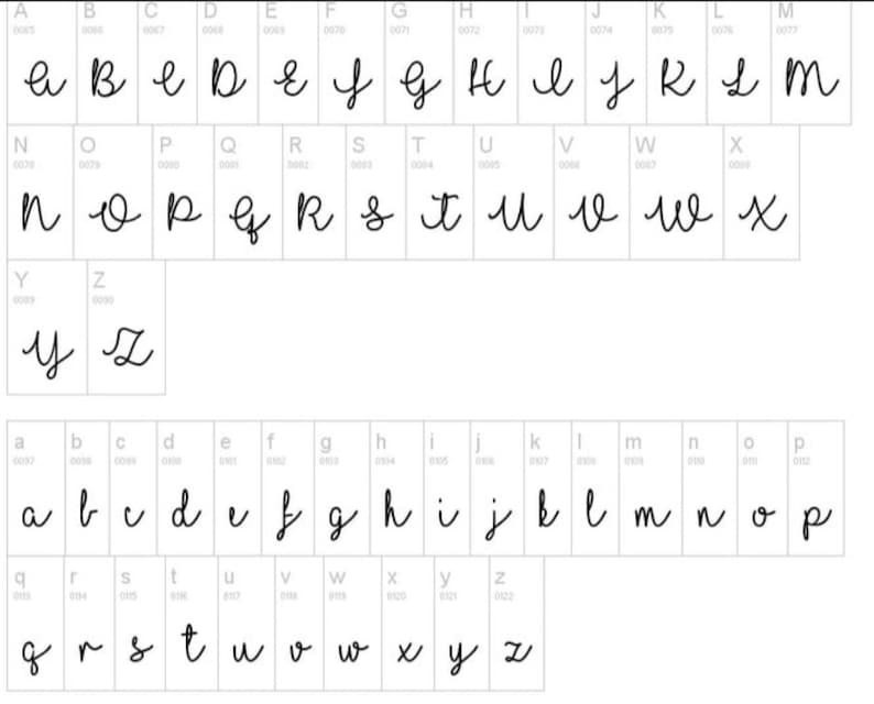 May include: A handwritten alphabet font in black ink on a white background. The letters are in uppercase and lowercase, with a cursive style.