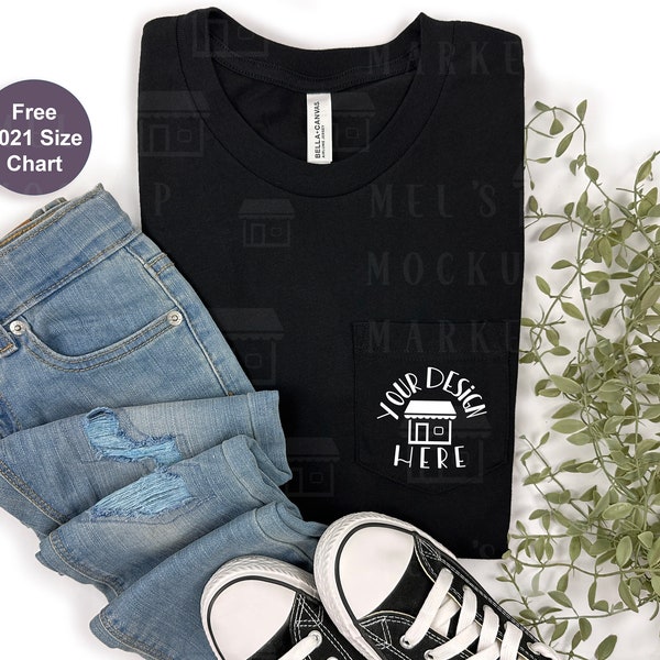 Bella Canvas 3021 Mockup Black Pocket Tee Mock Up Unisex T Shirt Flat Lay with Jeans and Shoes Styled Product Photo JPEG Mockup