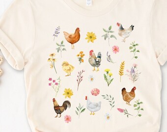Floral Chicken Shirt, Farmcore Shirt, Farm Girl, Chicken T shirt, Chicken Lover, Chicken mom Tee, Cottagecore chicken shirt, Farmer Gift,