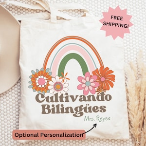 Personalized Bilingual Teacher Tote Bag: Retro Floral Maestra Gift