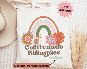 Personalized Bilingual Teacher Tote Bag: Retro Floral Maestra Gift