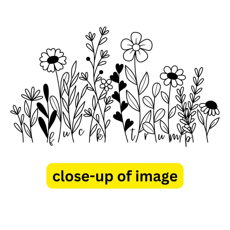 May include: Black and white line drawing of a cluster of flowers and leaves. The flowers are simple and stylized, with rounded petals and heart-shaped leaves.