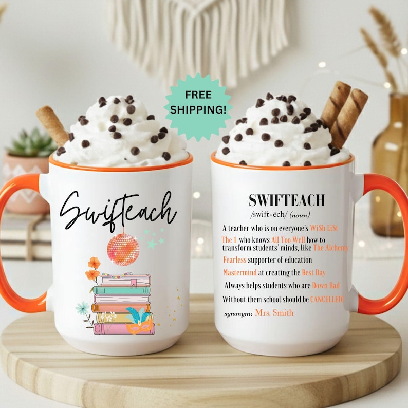 Swifteach Teacher Mug, Floral Music Album Mug, Gift For Teacher, Gift for New Teacher, Teacher Era. Swiftea Mug, Swif Gift, Custom Mug Bild 1