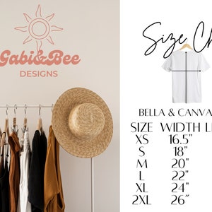 May include: Size chart for Bella + Canvas 3001 t-shirts, showing width and length measurements in inches for sizes XS, S, M, L, XL, and 2XL.