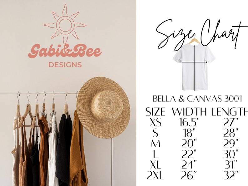 May include: Size chart for Bella + Canvas 3001 t-shirts, showing width and length measurements in inches for sizes XS, S, M, L, XL, and 2XL.