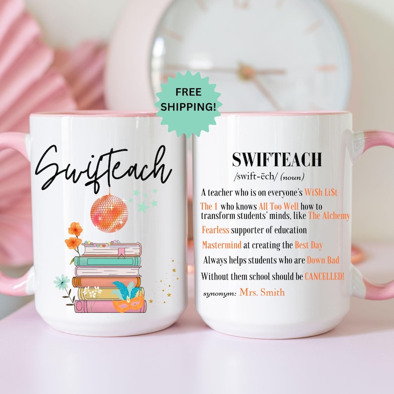 Swifteach Teacher Mug, Floral Music Album Mug, Gift For Teacher, Gift for New Teacher, Teacher Era. Swiftea Mug, Swif Gift, Custom Mug Bild 2