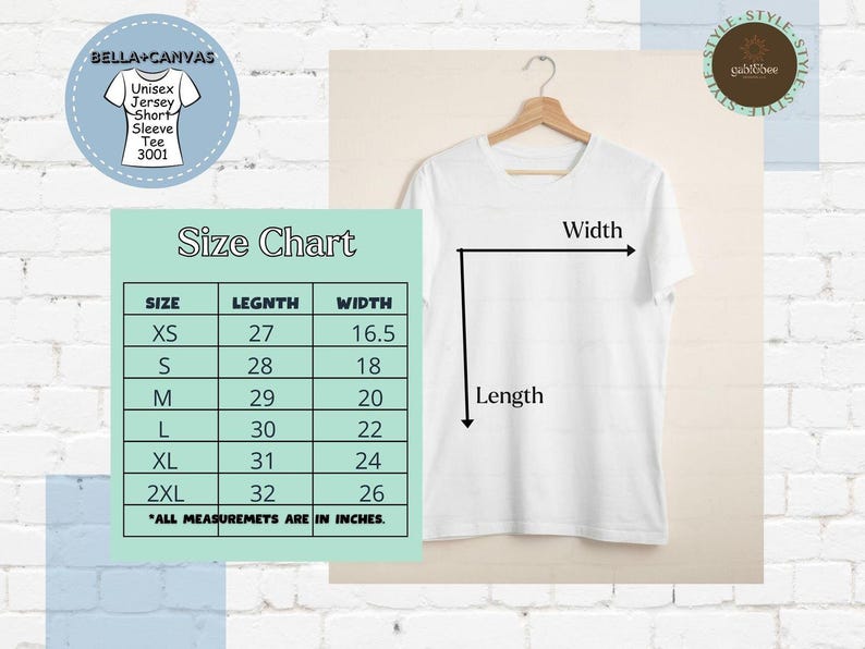 May include: Size chart for a unisex short sleeve t-shirt. The chart shows the length and width in inches for sizes XS, S, M, L, XL, and 2XL.