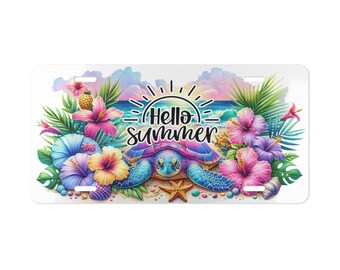 Hello Summer Vanity Plate | Beach-Themed License Plate Decor | Car Accessory, Summer Vibes, Coastal Decor, Personalized Gift, Sea-Turtle