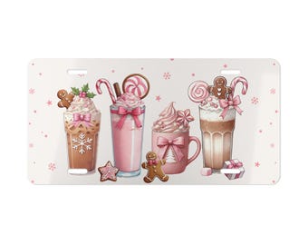 Pink Peppermint Latte Vanity Plate Christmas Holiday License Plate Gingerbread Coffee Gift