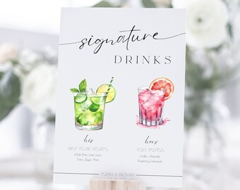 Signature Drink Bar Sign | Wedding Custom Watercolor Menu Template with over 90 Drink Designs