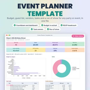 May include: Digital event planner template for Excel and Google Sheets by Cottage Paper Co. The interface displays a dashboard for Maya's 40th Birthday Dinner, featuring budget tracking, guest lists, vendor balances, and task management charts.