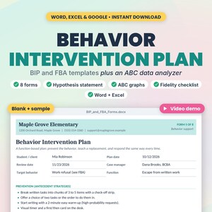Behavior Intervention Plan Template and FBA Kit with ABC Data Sheets, Word and Excel