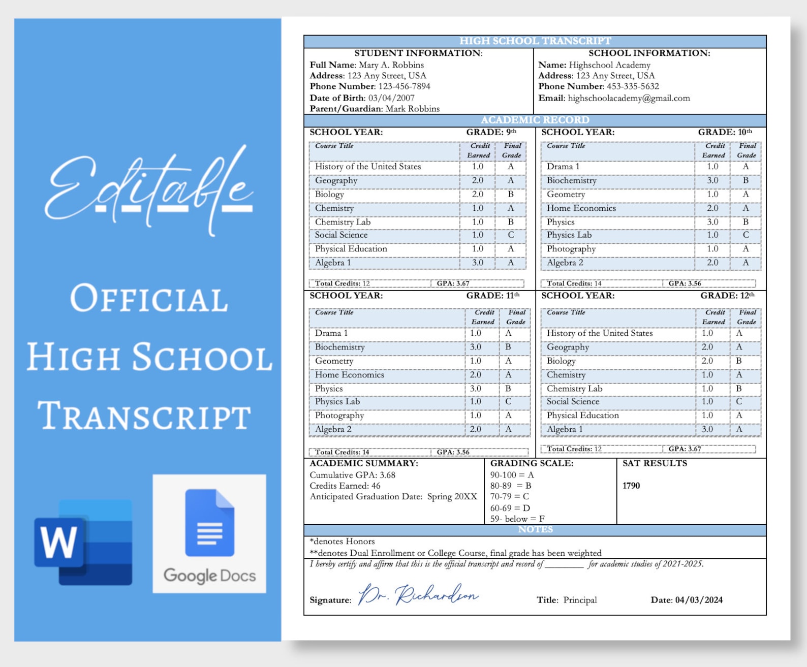 Fillable Printable High School Transcript Template Word and Google Docs ...
