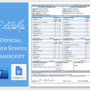 Transcript Template | High School Fillable Printable Word and Google Docs Compatible