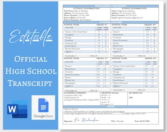 Szablon transkryptu | Wypełnialny szablon do druku w formacie Word i Google Docs dla szkół średnich