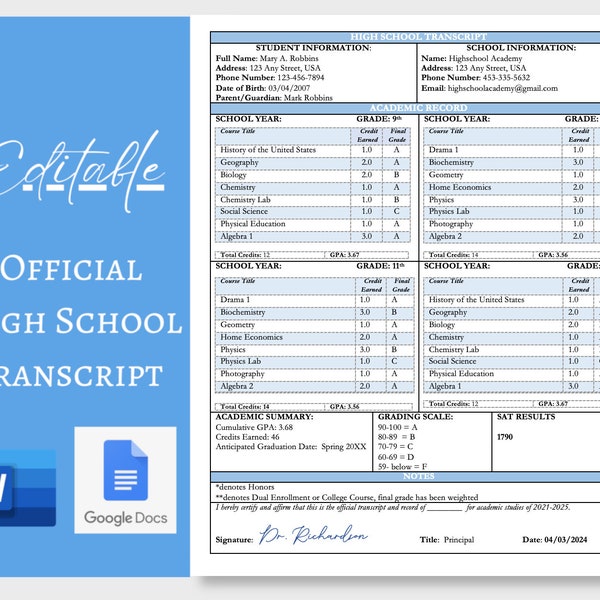 Printable High School and Transcripts Etsy