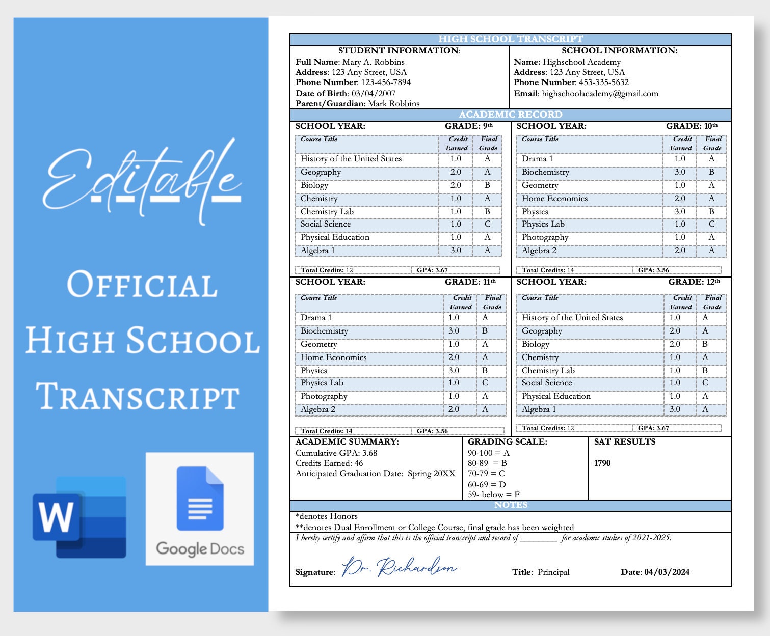 Fillable Printable High School Transcript Template Word and Google Docs Fillable Printable High School Transcript Template Word and Google Docs