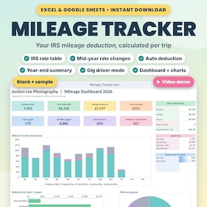 May include: A digital mileage tracker spreadsheet for Excel and Google Sheets titled Mileage Tracker by Cottage Paper Co. The dashboard displays 2026 trip data, including bar charts for monthly miles, deduction by client, and a pie chart for purpose.
