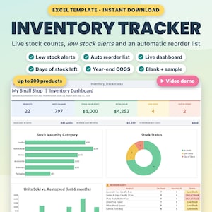 May include: An Excel inventory tracker template featuring a dashboard with stock counts, low stock alerts, and an automatic reorder list. The interface displays charts, product categories, and reorder alerts for up to 200 products, titled My Small Shop.