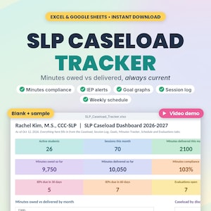 SLP Caseload Tracker Spreadsheet for Speech Therapists, Session Log, Excel and Google Sheets