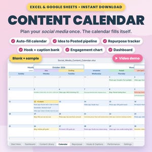Social-Media-Content-Kalender-Tabelle, Auto-Fill-Planer, Wiederverwendungs-Tracker (Excel & Google Sheets)