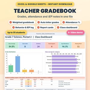 Notenbuch-Tabelle für Lehrer mit gewichteten Noten und Anwesenheitserfassung, Excel- und Google-Tabellen-Version