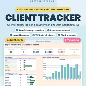Client Tracker Spreadsheet, Simple CRM with Follow-Up Reminders, Excel and Google Sheets