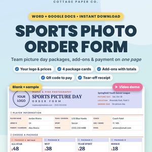 Sports Photography Order Form Template with Picture Day Packages, Word and Google Docs