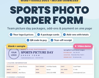 Sports Photography Order Form Template with Picture Day Packages, Word and Google Docs