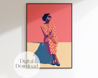 Polka Dot Dress Art Print: Woman Illustration, Vibrant Wall Decor (Digital Download)