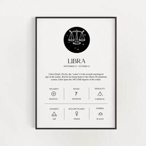 Libra Zodiac Print, Astrology Wall Art, Horoscope Poster, Black and White Minimalist Print, Libra Star Sign Wall Art, Libra Gift Birthday