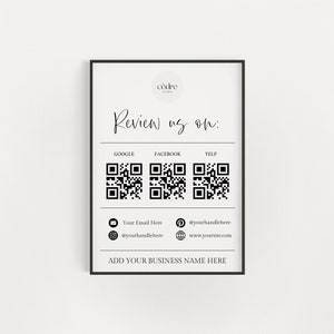 Review Us Sign, Ask For a Review QR Code Sign, Small Business Social Media Sign, Instagram Facebook Leave Us A Review Sign, Canva Template