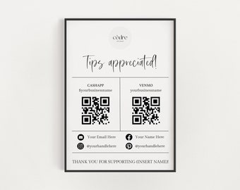 Virtual Tip Jar Sign, Tips QR Code Sign, Editable Small Business Payment Sign Template, Venmo Payment Sign Tips Cashapp Sign, Canva Template