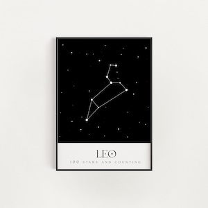 Leo Constellation Print, Leo Star Map Zodiac Wall Art, Astrology Poster, Black and White Minimalist Print, Horoscope Gift Birthday Art Decor