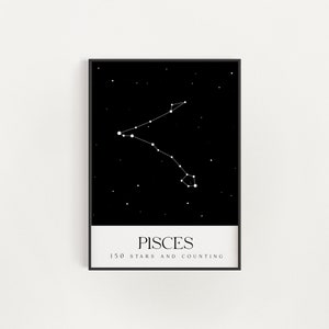 Pisces Constellation Print, Pisces Star Map Zodiac Wall Art, Astrology Poster, Black and White Minimalist Print, Horoscope Gift Birthday