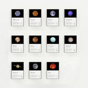 Könnte beinhalten: Ein Satz von 12 schwarz-weißen druckbaren Postern mit Bildern von Planeten, Sonne und Mond. Jedes Poster enthält den Namen des Himmelskörpers und eine kurze Beschreibung.