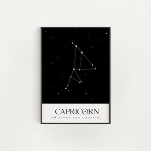Steinbock Sternbild Print, Steinbock Sternkarte Sternzeichen Wandkunst, Astrologie Poster, minimalistischer Schwarzweißdruck, Horoskop Geschenk Art