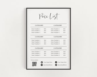 Small Business Price List Sign, Editable Pricing Sheet, Printable Price Guide Sign, New Permanent Jewelry QR Code Price Sign, Canva Template