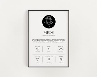 Jungfrau Sternzeichen Druck, Astrologie Wandkunst, Horoskop Poster, schwarz weiß minimalistischer Druck, Jungfrau Sternzeichen Wandkunst, Jungfrau Geschenk Geburtstag
